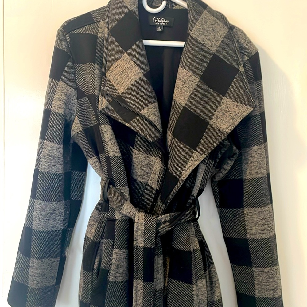 CoffeeShop Black and Gray Plaid Pea Coat